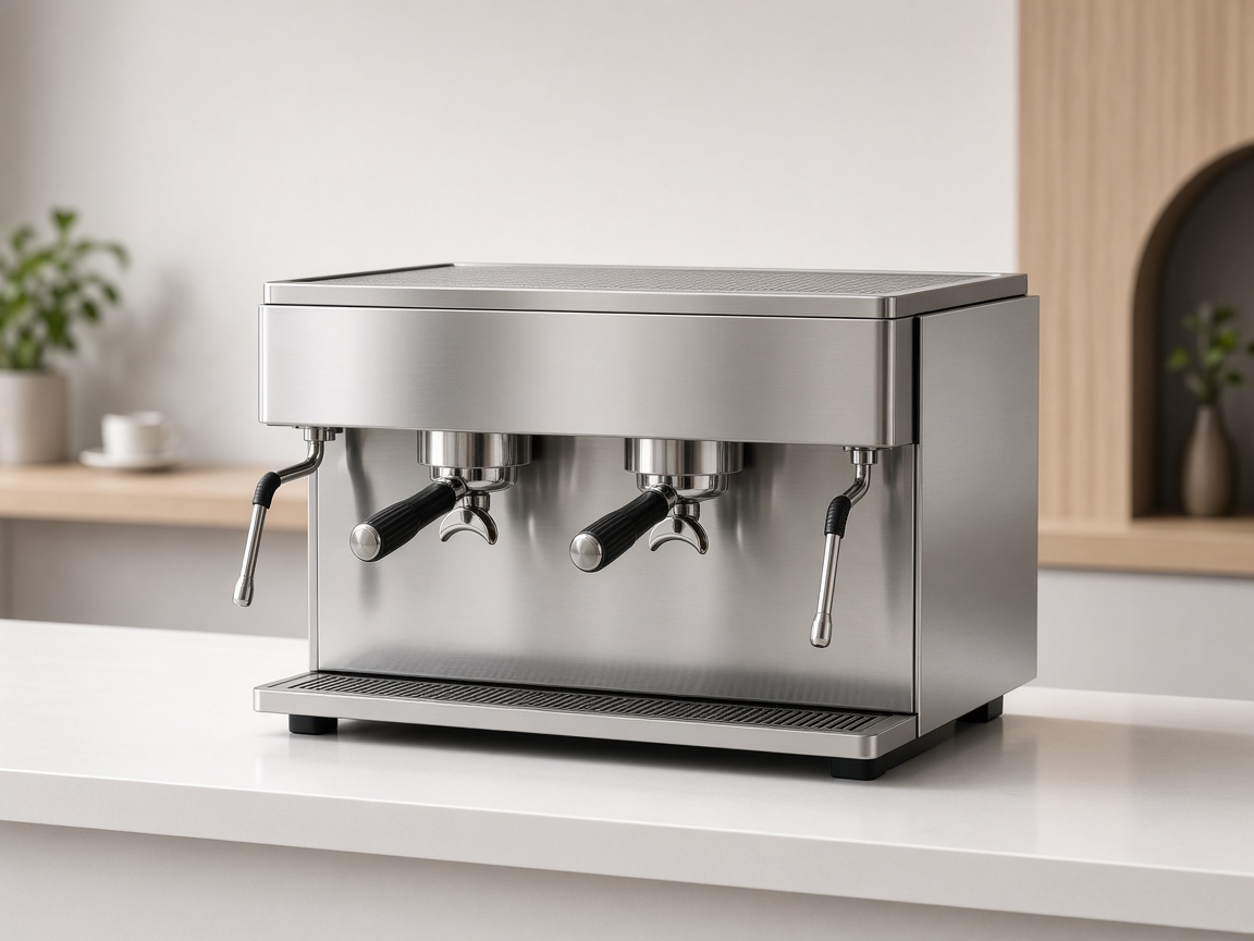 Appia Life three-group commercial espresso machine in black and stainless steel.